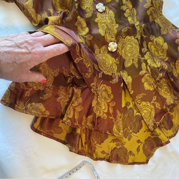 Vintage NONA Fashion USA Shimmer Gold Floral 2 Piece Jkt Ruffles Midi SZ M - Picture 3 of 10